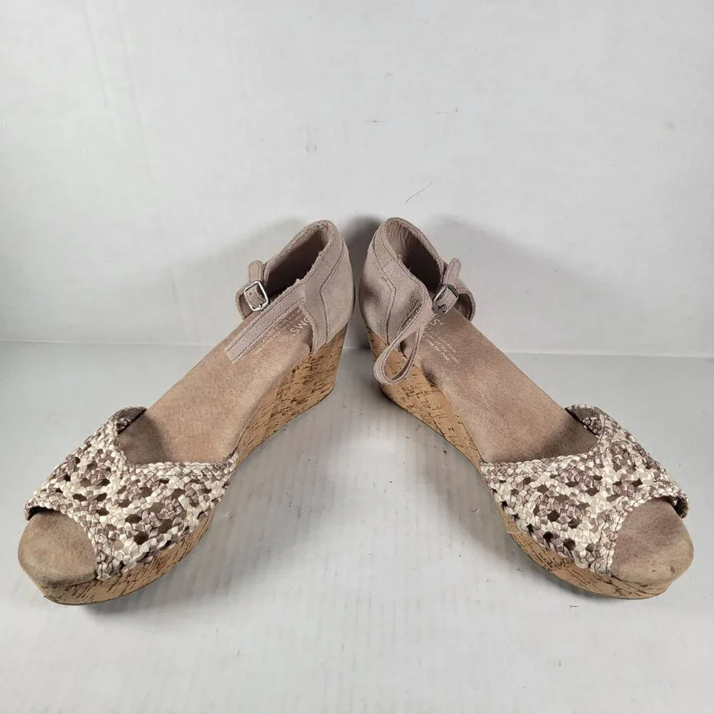 Toms Woman Stucco Satin Woven Peep Toe Platform Cork 2.5